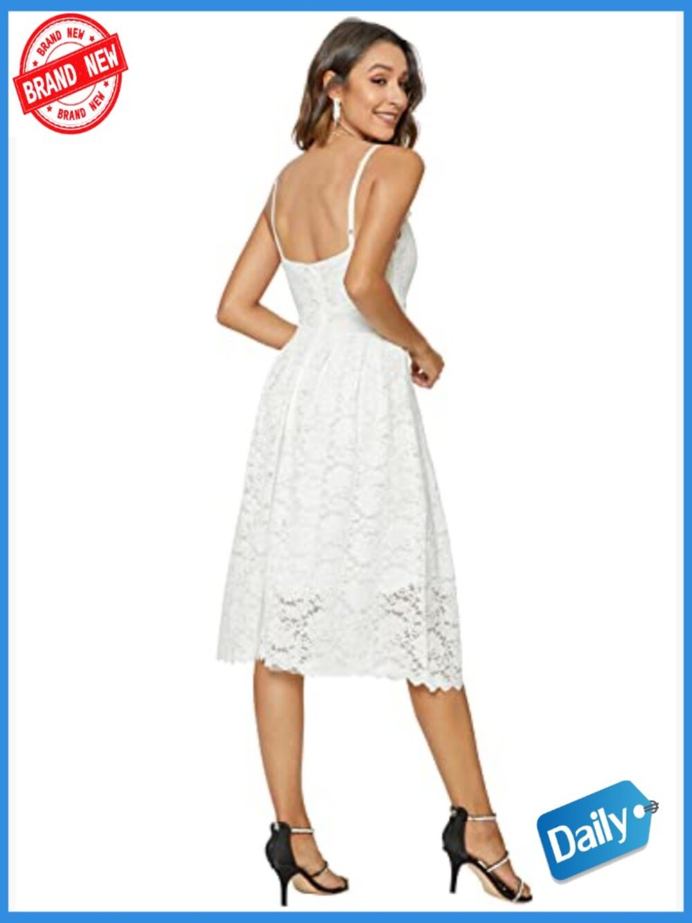 Lace Floral Spaghetti Strap V Neck Swing Cocktail Midi Dress - Picture 3 of 7